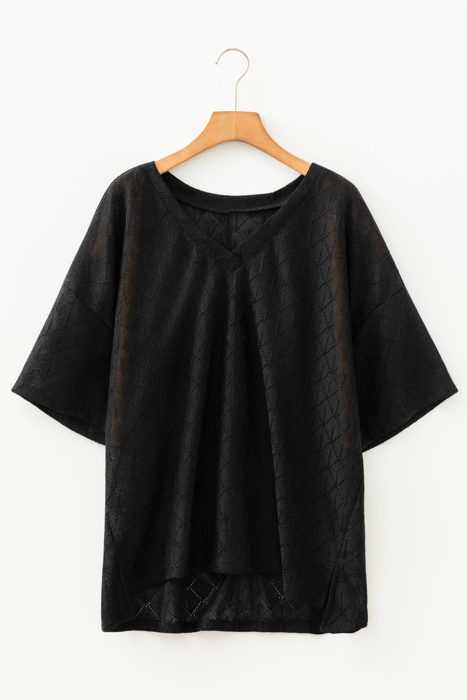 Plus Size Rhombus Pointelle Knit V-Neck Top