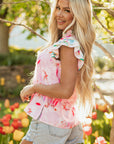 Floral Patchwork Notched Neck Flutter Sleeve Blouse