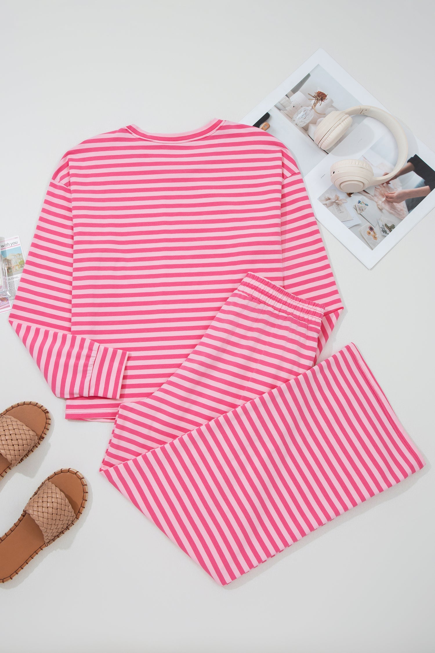 Stripe Drop Shoulder Top &amp; Buttoned Pants Set