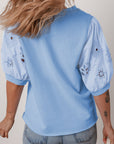 Floral Eyelet Embroidered Puff Short Sleeve Blouse