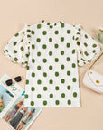Polka Dot Shirred Notched Neck Balloon Sleeve Blouse