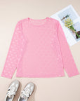 Plus Size Bow Tie Mesh Embroidered Long Sleeve Top