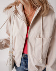 Solid Corduroy Zip-Up Pocketed Hooded Jacket