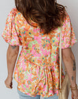 Flower Split V-Neck Short Sleeve Blouse