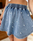 Denim Pearl Embellish Elastic Waist Mini Skort