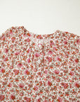 Floral Pleated Notched Neck Puff Sleeve Blouse