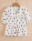 Polka Dot Collared Lace-Up Peplum Top