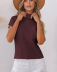 Solid Ribbed Knit Patch Pocket Short Sleeve Sweater