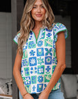 Floral Plaid Trim Collar Flutter Sleeve Blouse