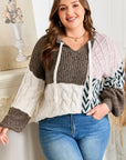Plus Size Colorblock Cable Knit Tie Back Sweater