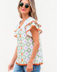 Belen Floral Layered Flutter Sleeve Rac Trim Blouse