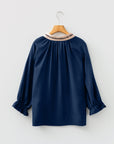 Leopard Trim Flounced  3/4 Sleeve V-Neck Blouse