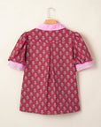 Floral Contrast Collared V-Neck Ricrac-Trim Blouse