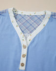 Colorblock Plaid Patchwork Bubble Sleeve Blouse