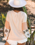 Tropical Polka Dot Patchwork Puff Sleeve V-Neck Blouse