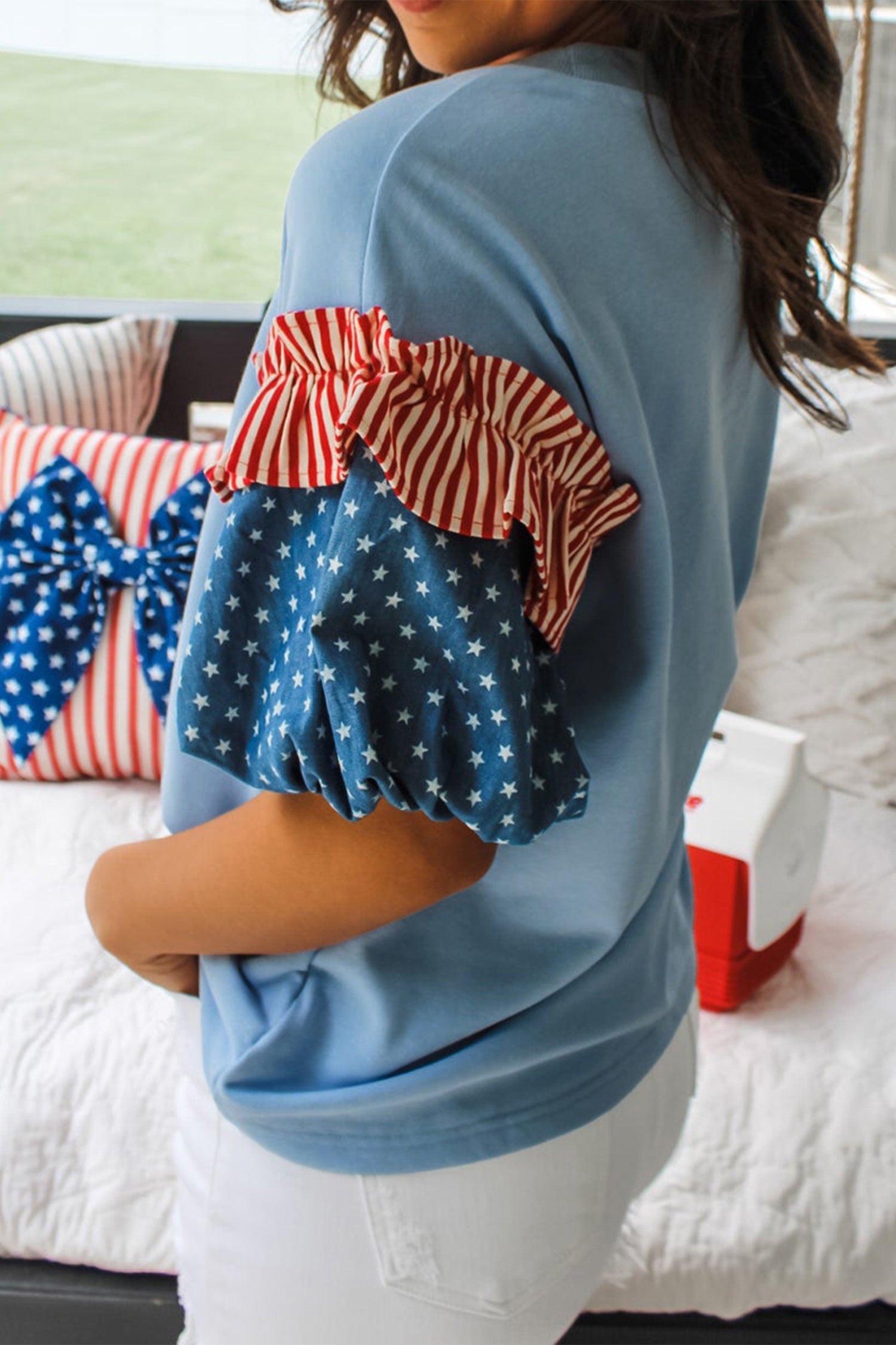 Stars &amp; Stripe Patchwork Short Puff Sleeve Top