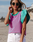 Stripe Colorblock Ruffle Sleeve Crewneck Blouse