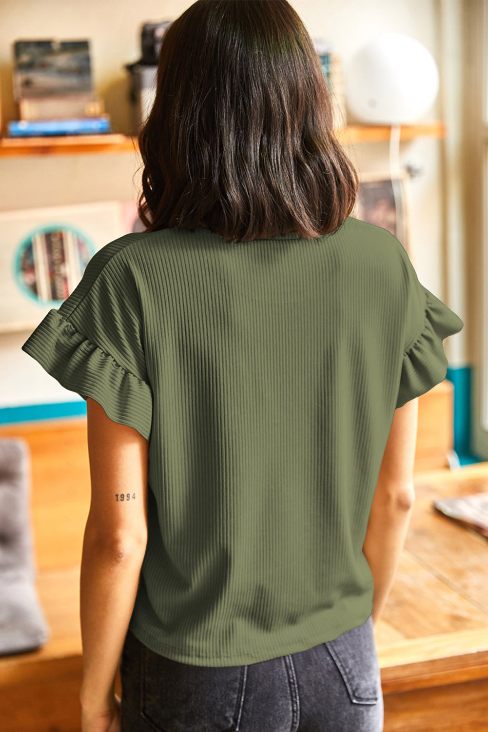Solid Ribbed Knit Ruffle Short Sleeve T-Shirt