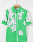 Floral Ricrac Trim Puff Sleeve Buttoned Shirt