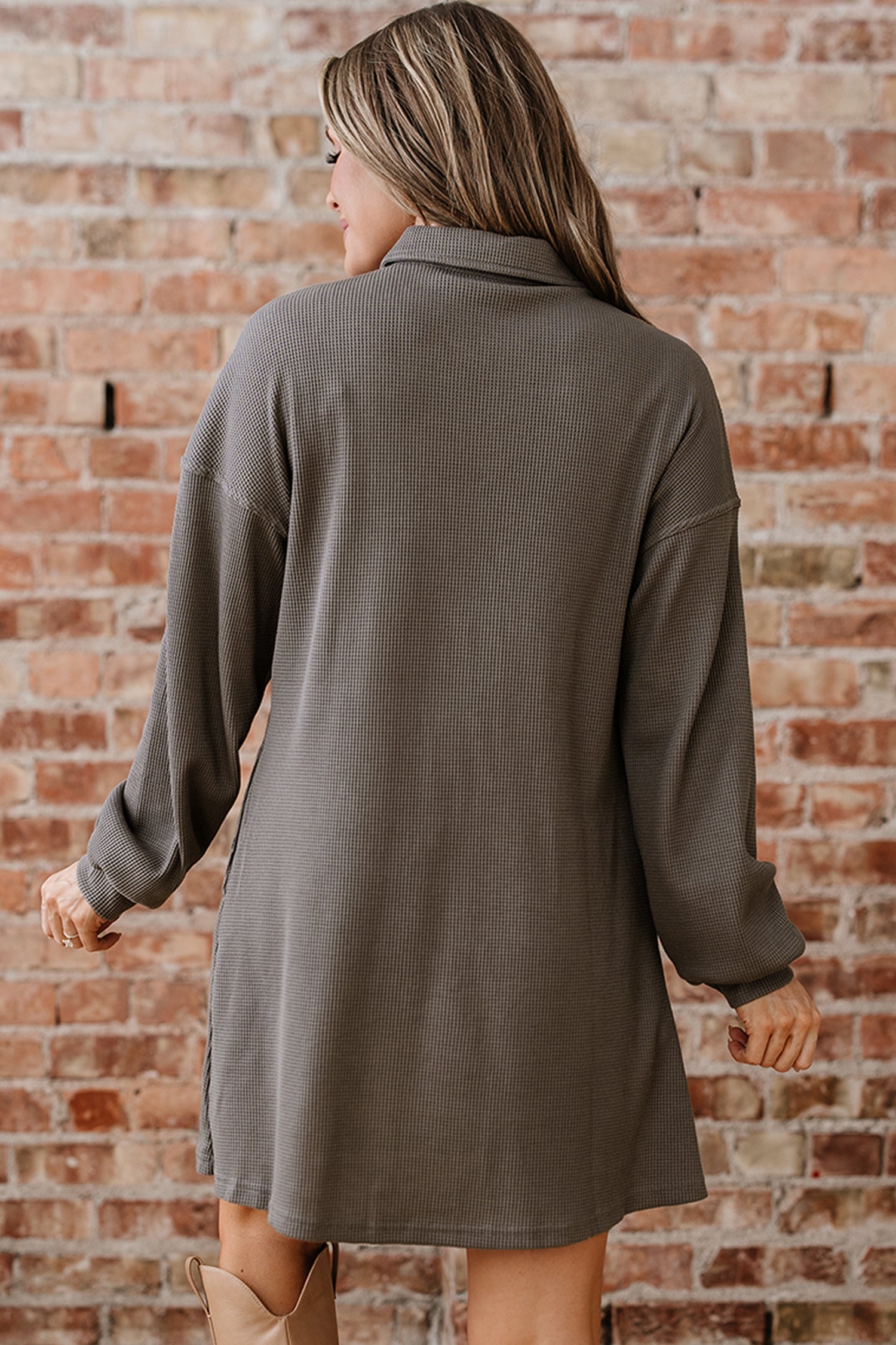 Waffle Knit Pleated Drop Shoulder Shirt Dress