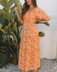 Floral Smocked V-Neck Wide Sleeve Maxi Dress