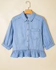 Denim Chambray Ruffle 3/4 Sleeve Buttoned Shirt