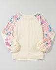 Floral Patchwork Balloon Sleeve Textured Blouse