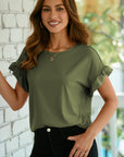 Solid Ribbed Knit Ruffle Short Sleeve T-Shirt