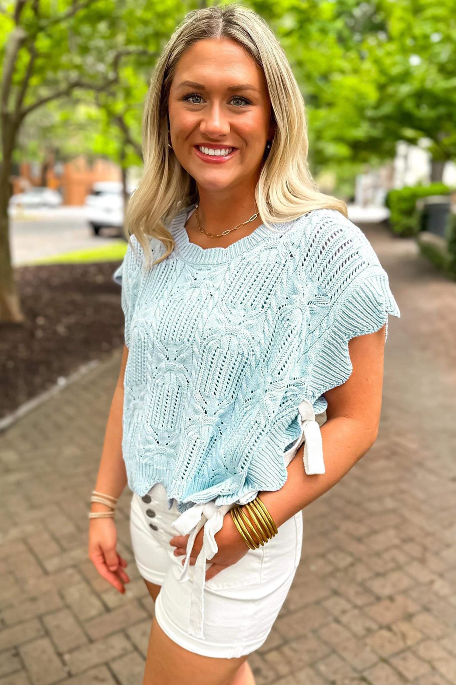 Pointelle Knit Scallop Trim Short Sleeve Sweater