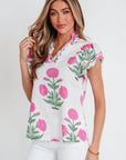 Flower Scallop Contrast Trim Short Sleeve Blouse