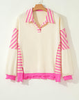 Pink Stripe Contrast Polo Collar Drop Shoulder Patchwork Plus Size Pullover