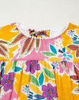 Pink Floral Print Lace Trimmed Tie Back Bell Sleeve Swing Mini Dress