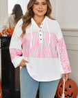Pink Stripe Leopard Patchwork Waffle Knit Buttoned Plus Size Hoodie