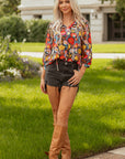 Floral 3/4 Puff Sleeve Tied Neck Blouse