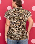 Plus Size Leopard Embroidered Ruffle Short Sleeve Blouse