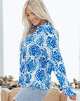 Abstract Tie-Neck Button- Up Puff Sleeve Shirt