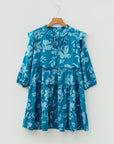 Flower 3/4 Sleeve Ruffle Tiered Dress