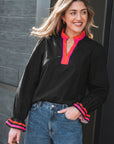 Stripe Trim Ruffle Split Neck Long Sleeve Blouse