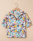 Floral Slit V-Neck Short Sleeve Blouse
