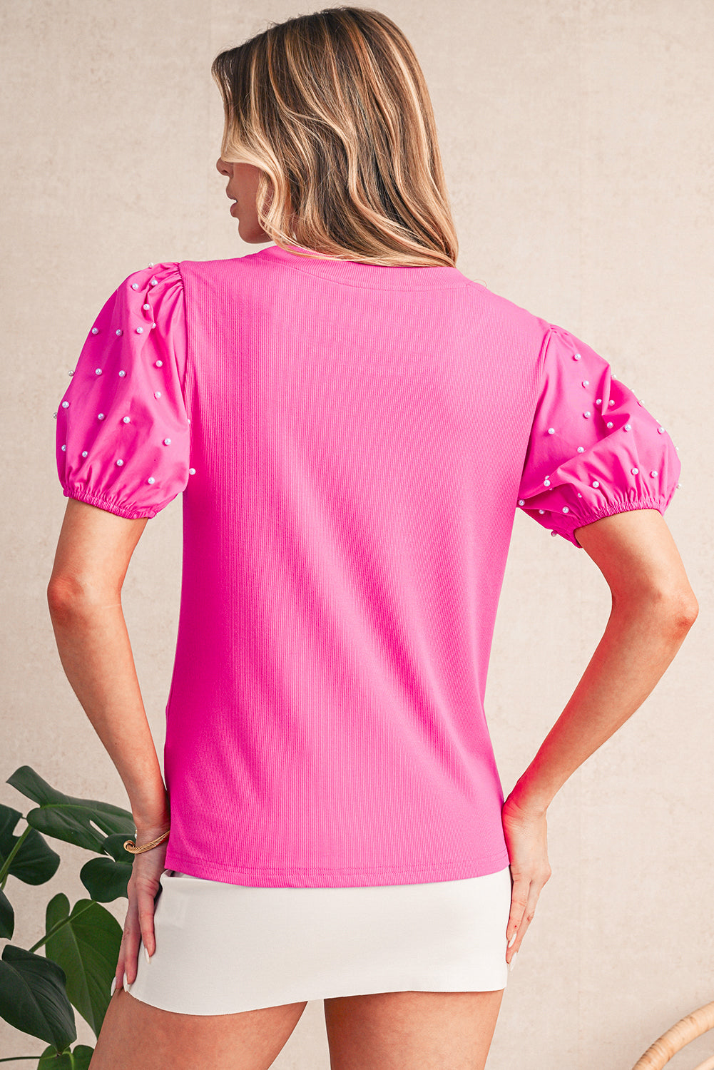 Pearl Beaded Puff Sleeve Ribbed Top