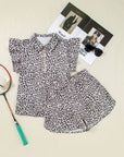 Leopard Half Zipper Collared Ruffled Sleeve Top and Short Set
