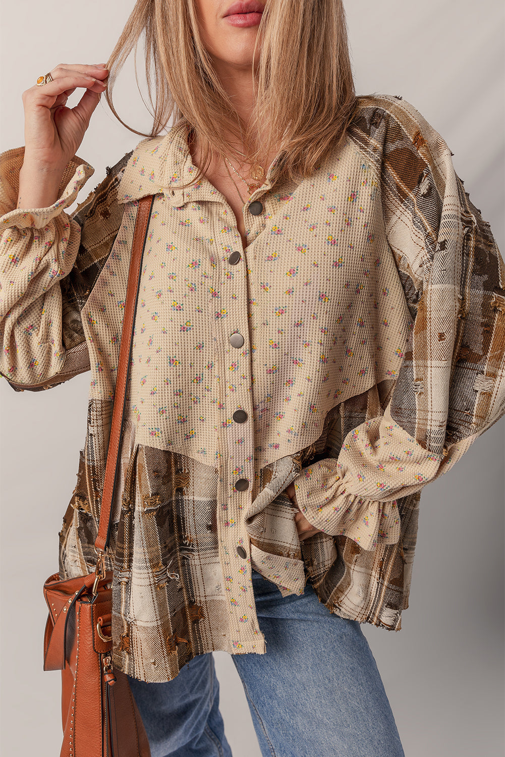 Floral Plaid Patchwork Ruffle Waffle Knit Shacket