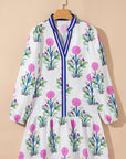Floral Contrast Stripe Trim Notch Neck Dress