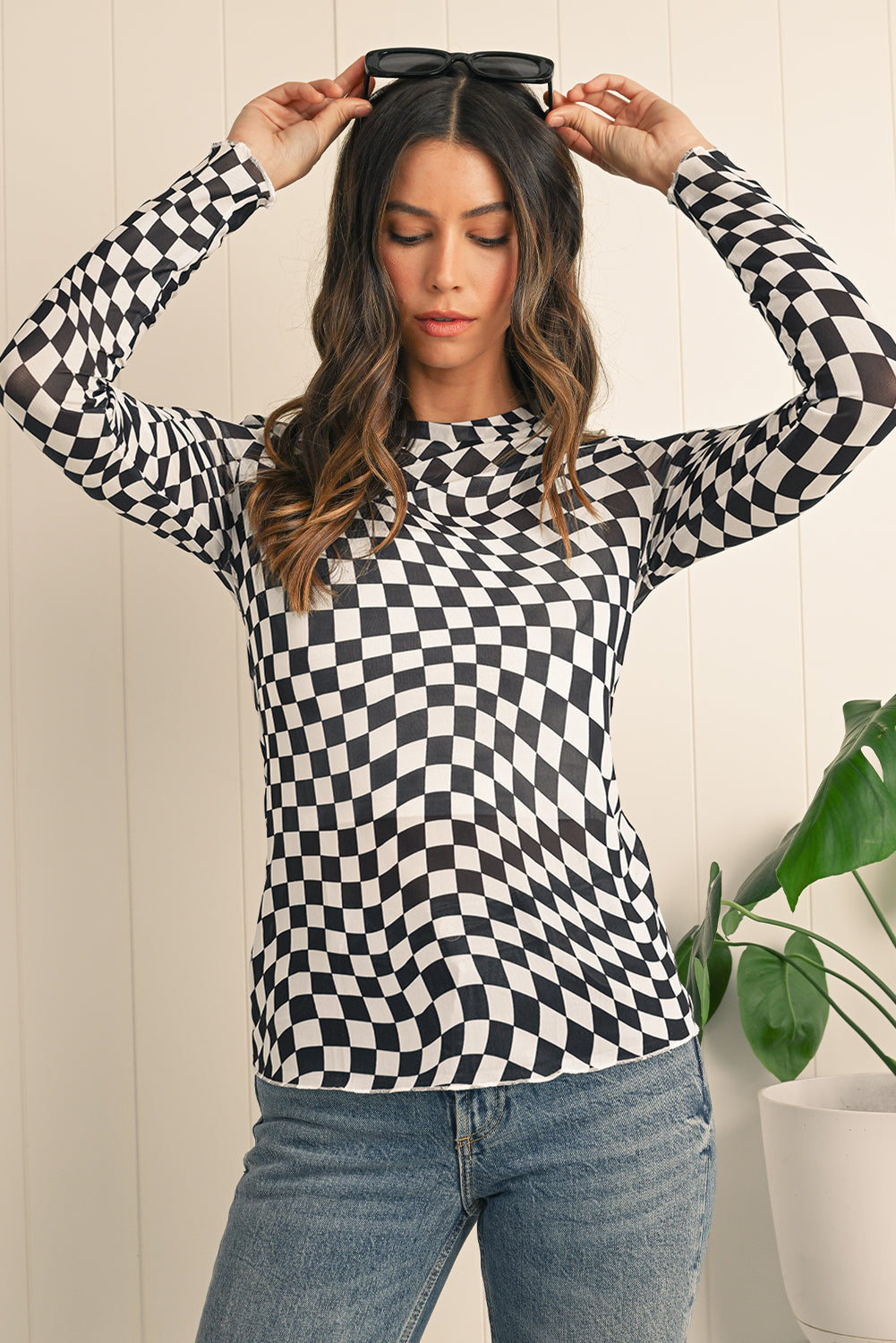 Checkered Pattern Mesh Long Sleeve Top