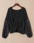 Sequin Patchwork Sleeve Open Back Top