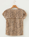 Cheetah Frilled V-Neck Short Sleeve Blouse