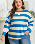 Blue Stripe Floral Color Block Drop Shoulder Plus Size Pullover Top