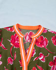 Floral Stripe Trim Short Puff Sleeve Maxi Dress