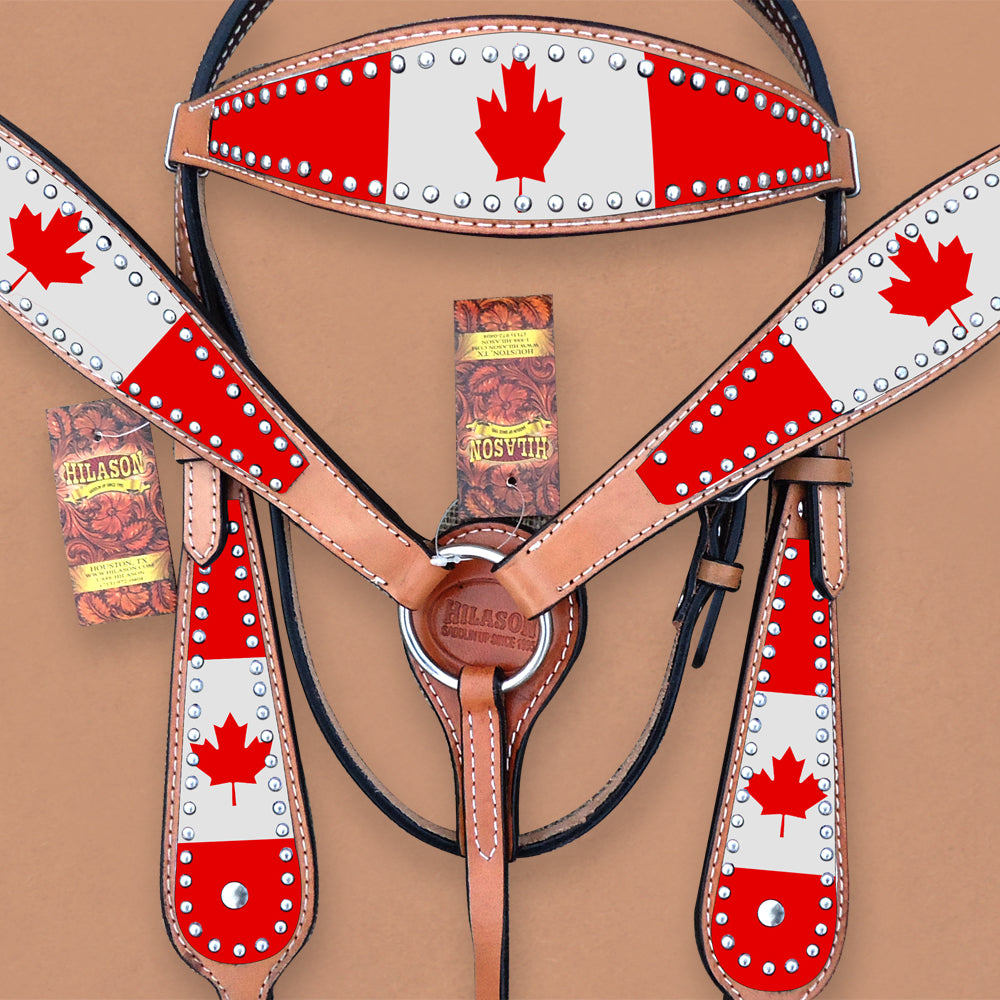 HILASON Western Horse Headstall &amp; Breast Collar American Leather Canadian Flag | Tack Set for Horses