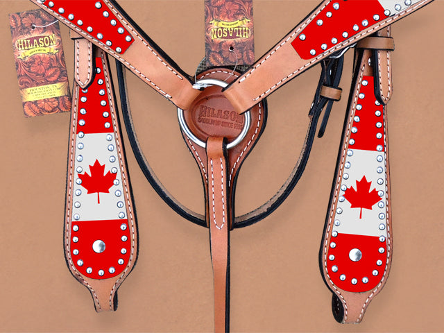 HILASON Western Horse Headstall &amp; Breast Collar American Leather Canadian Flag | Tack Set for Horses